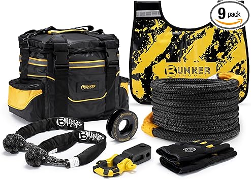 BUNKER INDUST Recovery Kit, 1"×30ft Kinetic Recovery Rope + 2 Soft Shackles + Recovery Ring+ Shackle Hitch Receiver + Winch Dampener+ Gloves+ Carry Bag, Off Road 4x4 Recovery Gear Winch Accessories